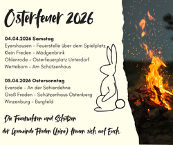 Plakat &raquo;Osterfeuer 2026&laquo; mit Terminen und Orten der Osterfeuer in mehreren Ortsteilen der Gemeinde Freden (Leine) am 4. und 5. April 2026.
