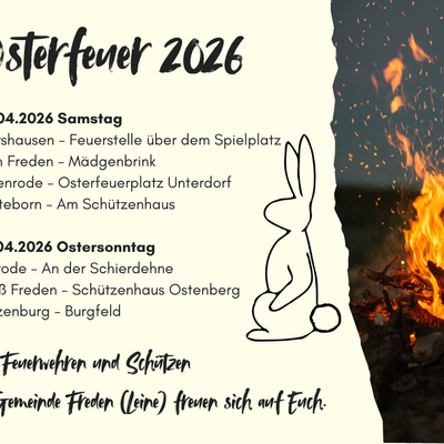 Plakat &raquo;Osterfeuer 2026&laquo; mit Terminen und Orten der Osterfeuer in mehreren Ortsteilen der Gemeinde Freden (Leine) am 4. und 5. April 2026.